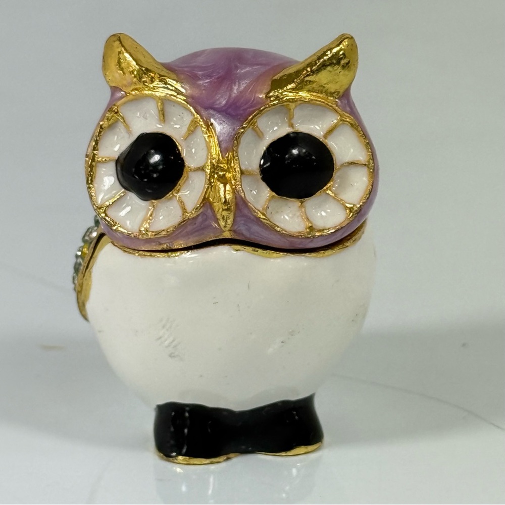 Purple and White Owl Trinket Box with Gold Accents